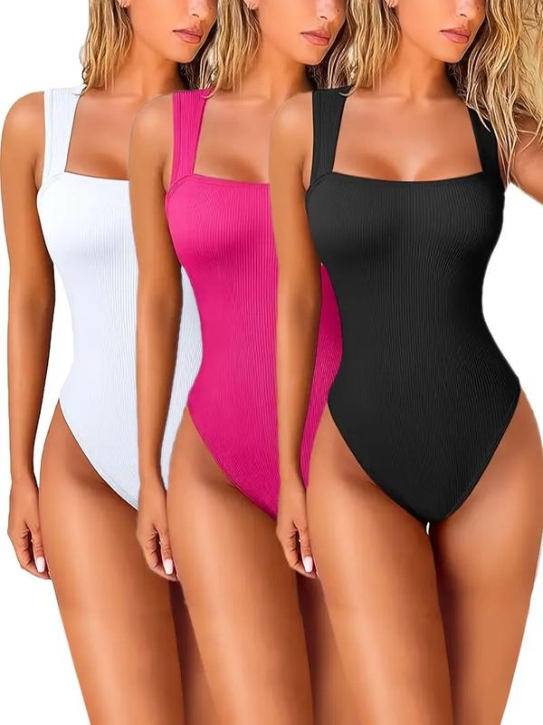 Essential 3-Pack Bodysuits for Women - Square Neck, Sleeveless, Slimming Fit, Versatile Casual Wear