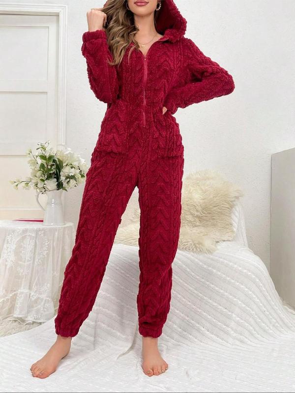 Women's Solid Color Half Zip Hooded Pajama Onesie, Casual Long Sleeve Pocket Design Sleep Jumpsuit for Fall & Winter,  Pajama Sets Women, Women's Sleepwear for Indoor Wear