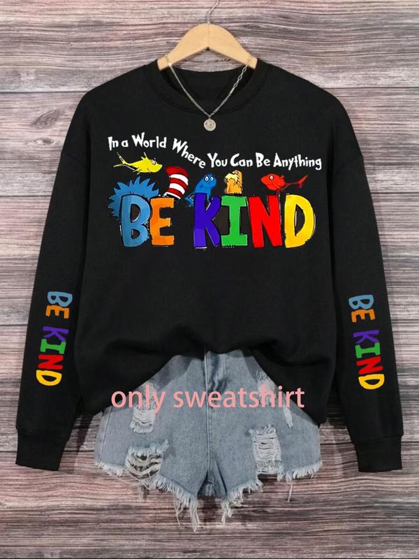 be Kind Print Crew Neck Sweatshirt, Casual Long Sleeve Pullover for Fall & Winter, Women's Clothes for Daily Wear