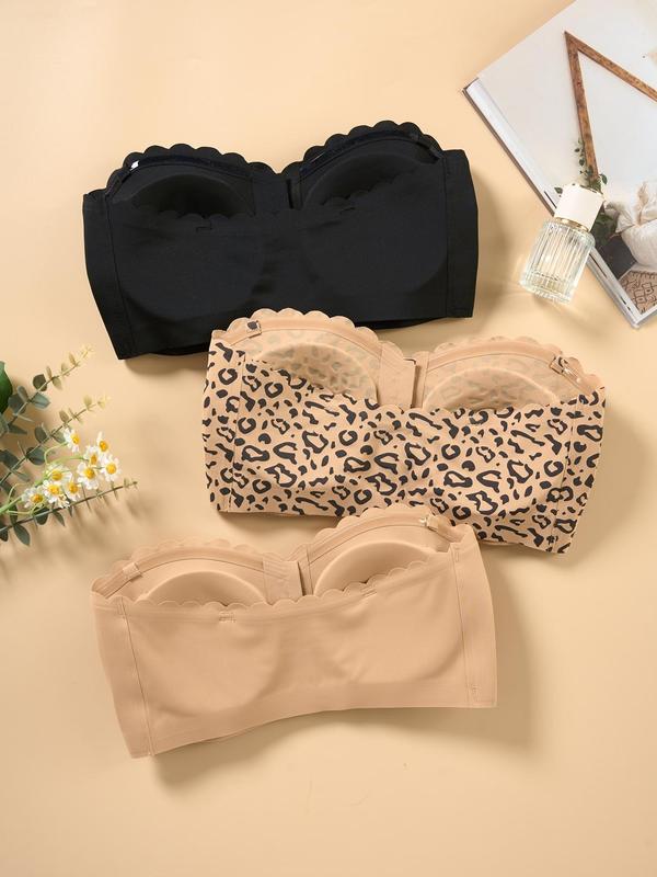 Women's Solid  Leopard Print Three-Piece Bra Set, Wireless Push Up Bra, Comfortable Breathable Scallop Trim Hook & Eye Front Bralette, Lingerie for All Seasons