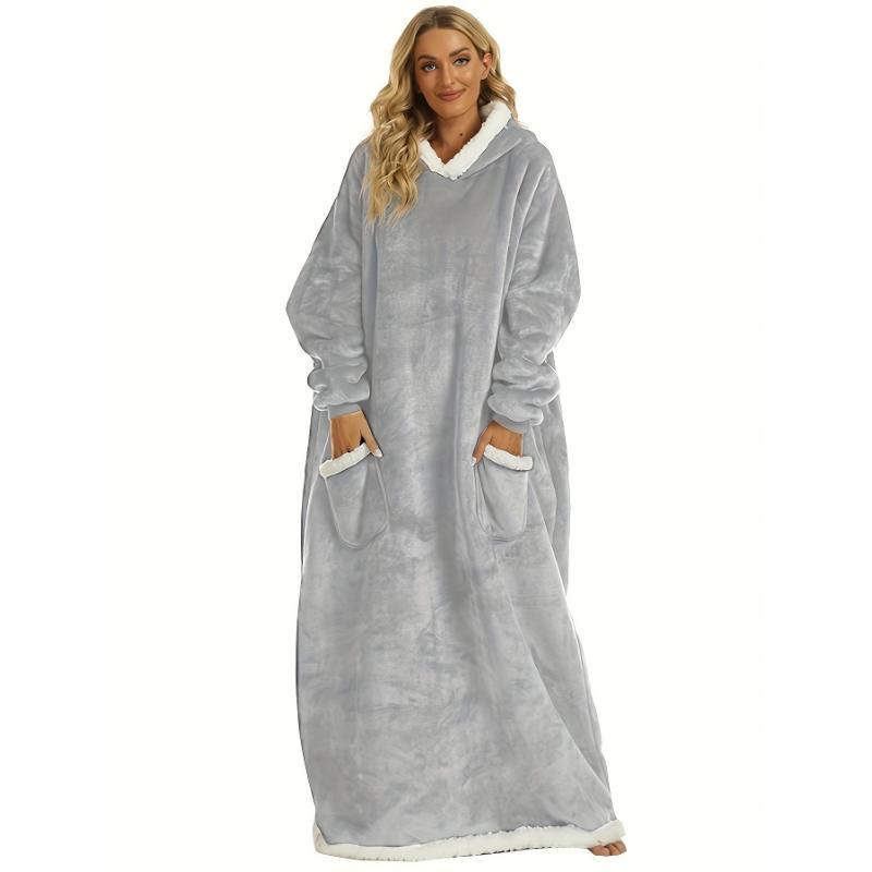 Plus Size Womens Flannel Loungewear Robe - Super Soft Hooded Wearable Blanket with Pockets for Cozy Casual Days