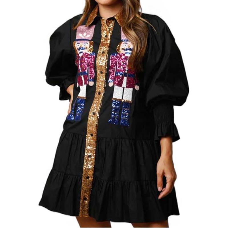 Women's Christmas Nutcracker Dress Holiday Long Sleeve A-Line Dress Girls Christmas Sequin Nutcracker Mini Shirt Dresses Cute Party Festival Short Dresses