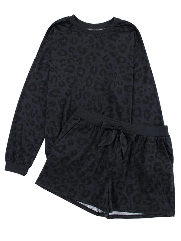 Women's All Over Leopard Print Bow Decor Lounge Set, Casual Comfy Drop Shoulder Round Neck Sweatshirt & Elastic Waist Pocket Sweat Shorts, Ladies Sleepwear for All Seasons