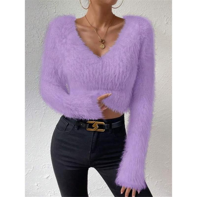 2024 New Arrival Hot Sale Autumn and Winter New Solid Color and V-neck Slim Fit All-Match Plush Short Women's Sweater