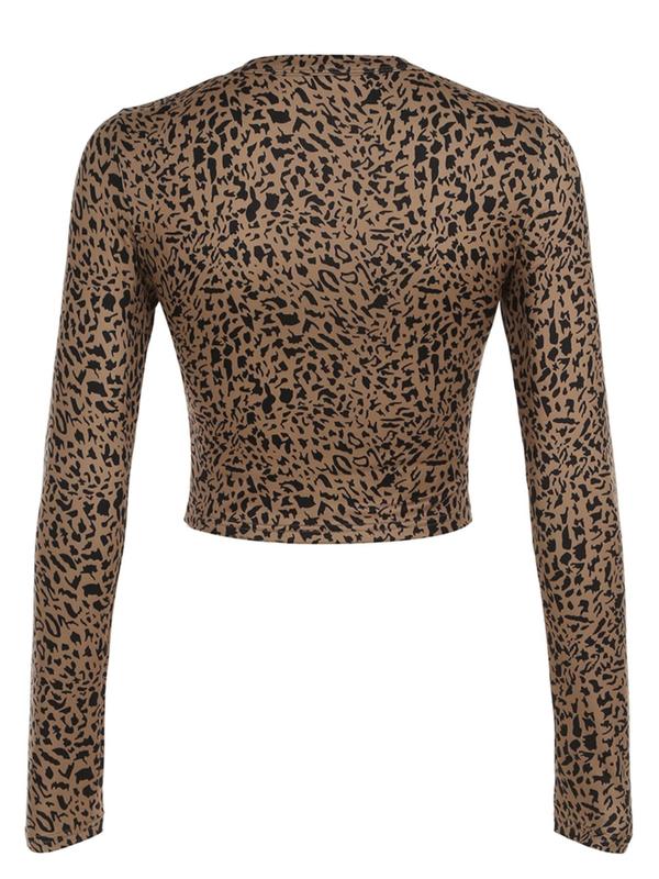 Women's Leopard Print Button Front Crop Tee, Casual Long Sleeve Round Neck T-shirt  for Fall & Winter, Women's Clothes for Daily Wear