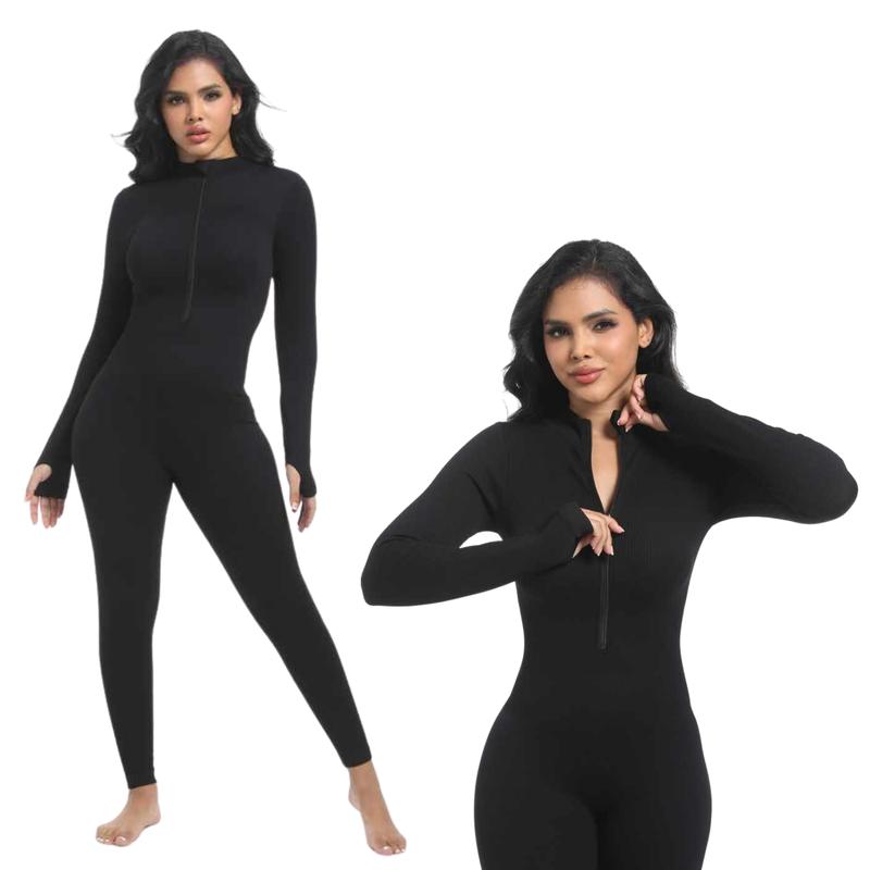 Soo slick Jumpsuits for Women - Workout Ribbed Long Sleeve Front Zip Jumpsuits for Women Womenswear Overalls Underwear Lady women s Longsleeves Comfort