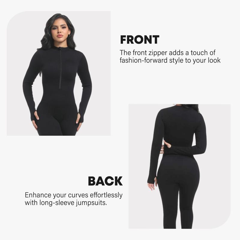 Soo slick Jumpsuits for Women - Workout Ribbed Long Sleeve Front Zip Jumpsuits for Women Womenswear Overalls Underwear Lady women s Longsleeves Comfort