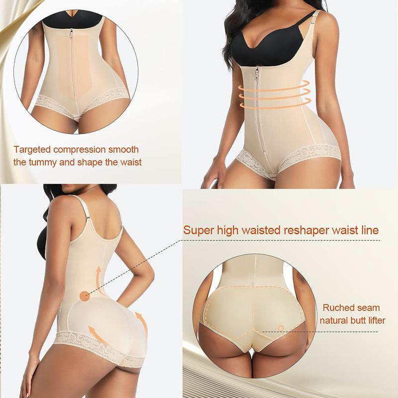 Women's Shapewear, Colombian Body Shaper, Waist Control, Postpartum & Post-Surgery, Zipper Closure, Open-Bust Bodysuit Compression Spaghetti Strap