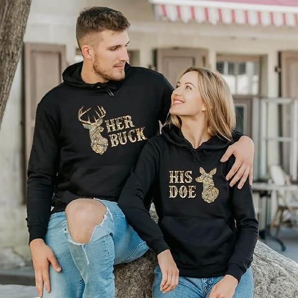 Couples Hoodies Her Buck His Doe, Deer Hunting Matching Hoodies For Couples Hoodie Unisex Fabric Cotton