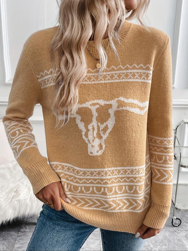 Women's Cow Head Pattern  Round Neck Sweater, Casual Long Sleeve Crew Neck Jumper for Fall & Winter, Fashion Ladies' Knitwear for Daily Wear