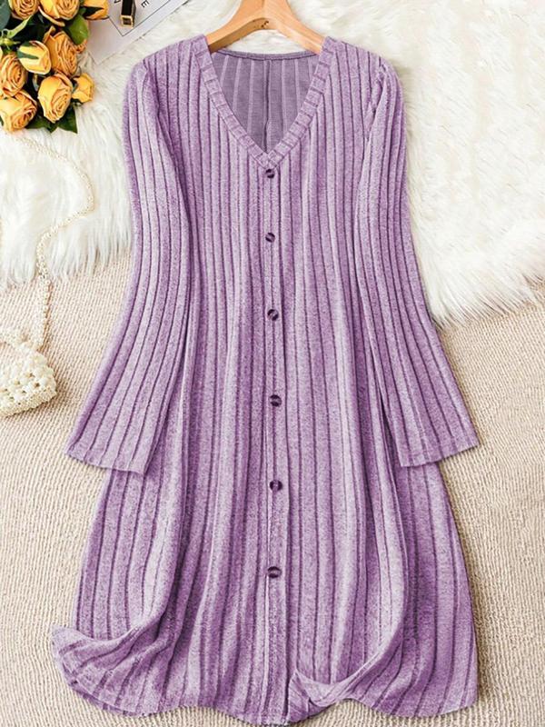  Solid Button Front Ribbed V Neck Dress, Casual Long Sleeve Dress for Fall & Winter, Women's Clothes for Daily Wear