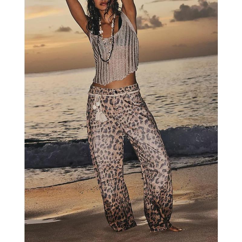 Women's Baggy Barrel Jeans Casual Boyfriend Mid Rise Leopard Printed Wide Leg Denim Ankle Pants casual jean wide leg jeans