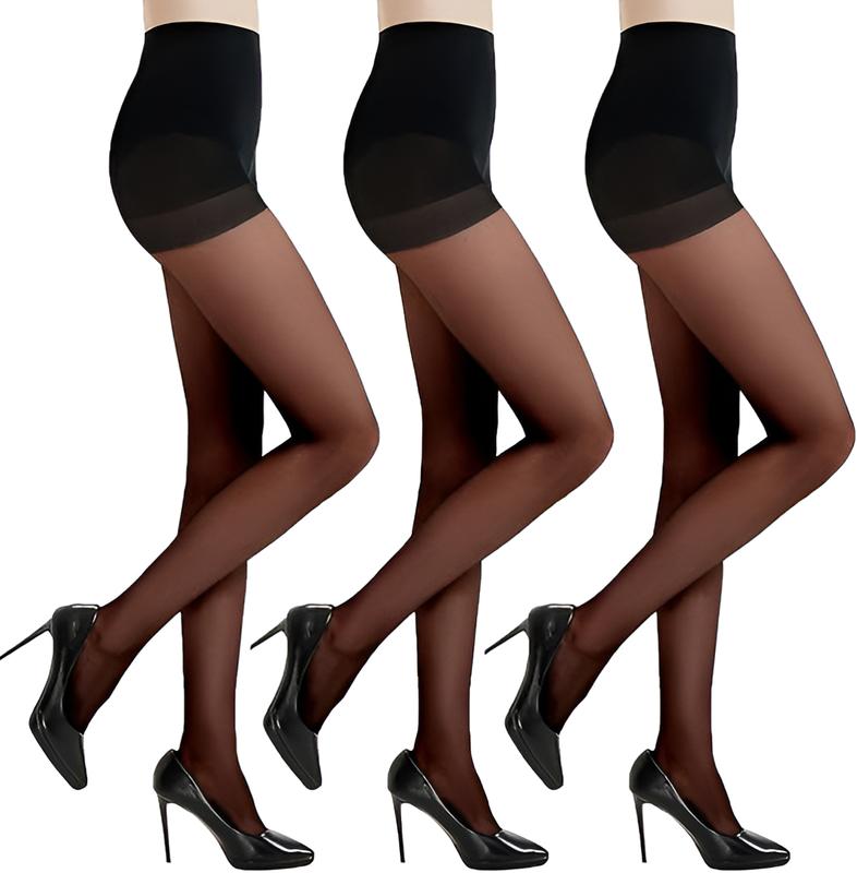 3 Pairs Women's Sheer Tights - 20D Black Tights Non Rip Control Top Pantyhose for Reinforced Toes Slimming Breathable Womenswear Elastic Smooth