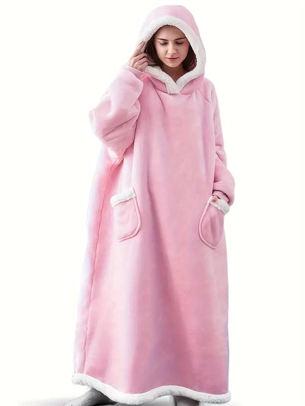  Cozy Soft Flannel Contrast Binding Hooded Robe Loungewear, Fallfreshness Basic Longsleeves Pocket Design Wearable Blanket for Women & Men, Oversized Blanket Sweatshirt for Snuggling on The Couch Or Watching Tv, Robe for Women