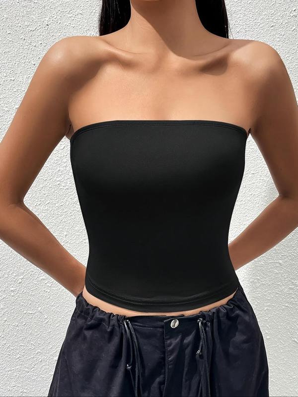 Women's Solid Color Strapless Tube Top, Casual Fashion Short Top for Summer, Ladies Clothes for Daily Wear