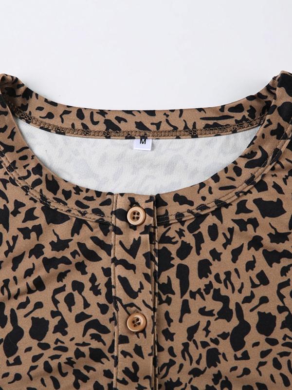 Women's Leopard Print Button Front Crop Tee, Casual Long Sleeve Round Neck T-shirt  for Fall & Winter, Women's Clothes for Daily Wear