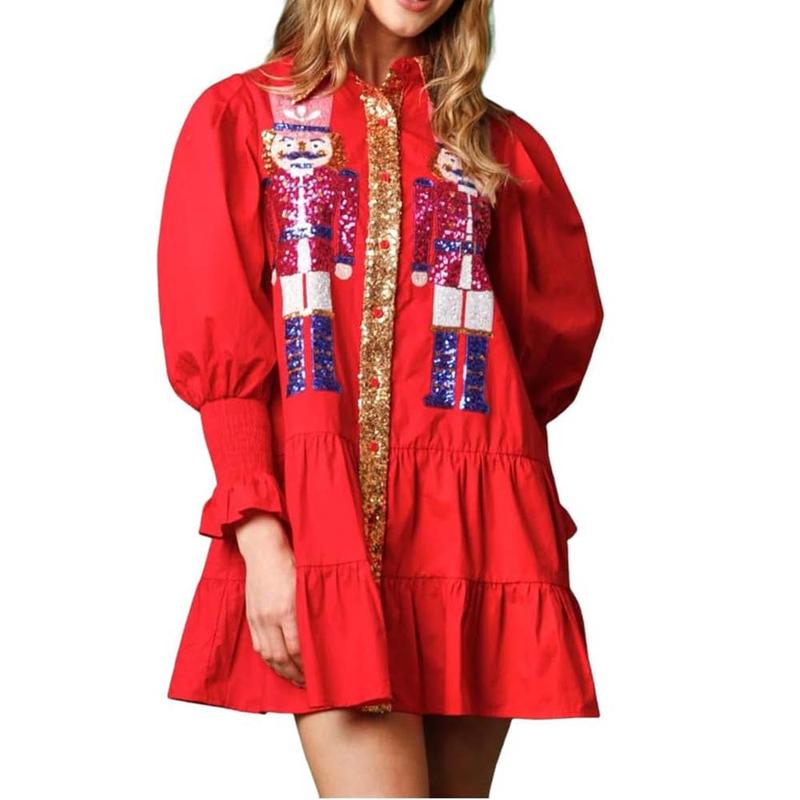 Women's Christmas Nutcracker Dress Holiday Long Sleeve A-Line Dress Girls Christmas Sequin Nutcracker Mini Shirt Dresses Cute Party Festival Short Dresses