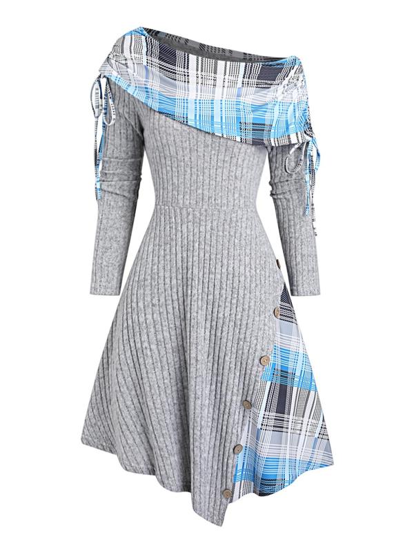 Women's Patchwork Plaid Print Button Decor Tie Side Off Shoulder Dress, Casual Drawstring Long Sleeve A Line Dress for Fall & Winter, Women's Clothes for Daily Wear