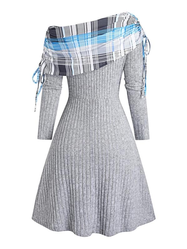 Women's Patchwork Plaid Print Button Decor Tie Side Off Shoulder Dress, Casual Drawstring Long Sleeve A Line Dress for Fall & Winter, Women's Clothes for Daily Wear