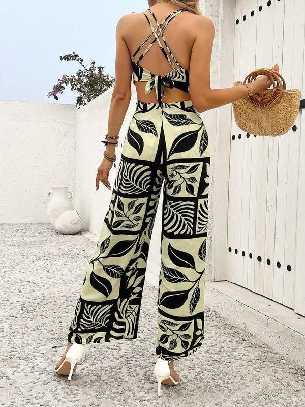 Women's Printed Tie Back Jumpsuits Sleeveless Split Jumpsuits Tie Waist Wide-Leg Jumpsuits H8ZF4E3SHZ