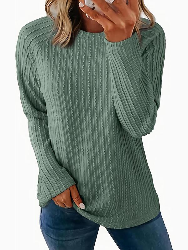 Women's Solid Textured Raglan Sleeve T-shirt, Casual Long Sleeve Round Neck Top for Fall & Winter, Fashion Ladies' Knit Clothing for Daily Wear