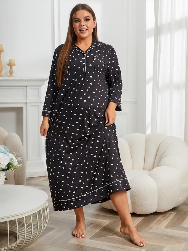 Plus Size Heart Print Pocket Button Front Nightdress, Home Wear Ideas, Casual All Over Print Collared Pajamas Dress, Comfort Homewear & Loungewear