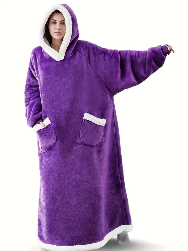  Cozy Soft Flannel Contrast Binding Hooded Robe Loungewear, Fallfreshness Basic Longsleeves Pocket Design Wearable Blanket for Women & Men, Oversized Blanket Sweatshirt for Snuggling on The Couch Or Watching Tv, Robe for Women