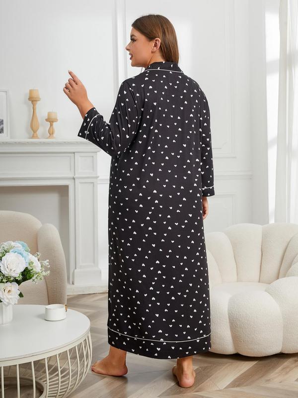 Plus Size Heart Print Pocket Button Front Nightdress, Home Wear Ideas, Casual All Over Print Collared Pajamas Dress, Comfort Homewear & Loungewear