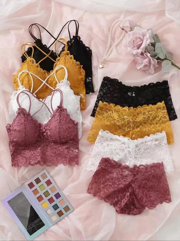 Women's Contrast Lace Backless Bra & Shorts Underwear Set, Sexy Comfy Breathable Lingerie Set for Daily Wear, Underwear Set for Women, Co Ords for Women