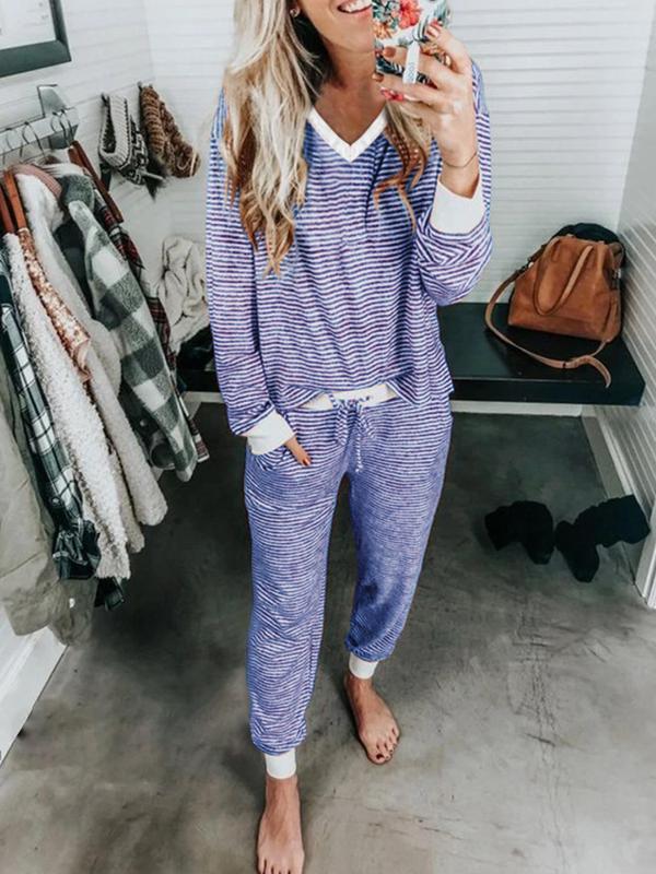 @shopwithjulie Collection Women's Christmas Striped Print V Neck Tee & Drawstring Waist Pants Lounge Sets, Relaxed Pajamas Sets Women, Pj Sets for Women, Casual Comfy Long Sleeve Top & Trousers for Fall & Winter, Lady's Sleepwear