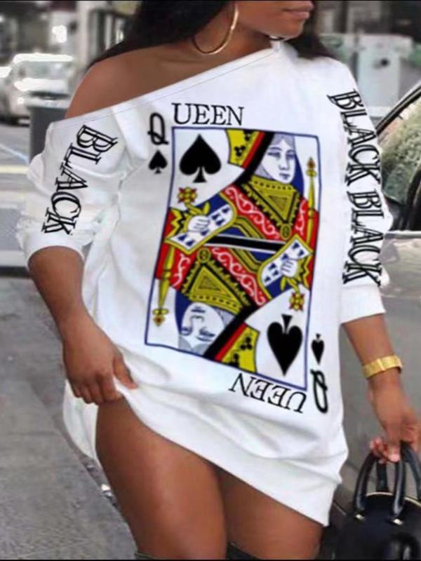 Women's Playing Card Print Drop Shoulder Dress, Comfy Clothes for Girls, Casual One Shoulder Short Dress for Daily Wear, Outfit Ideas, Summer Outfits 2024, Dresses for Women