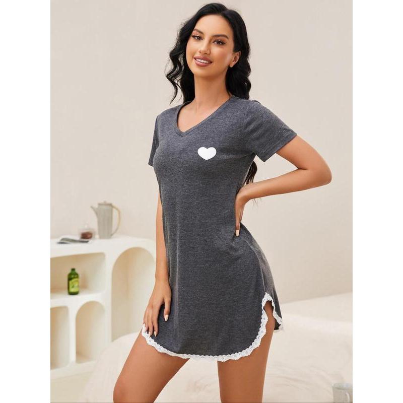 Women's Heart Print Contrast Lace Basic Minimalist Nightdress, Fit Comfort Shortsleeve V Neck PJ Sleepshirt, Women's Breathable Sleepwear & Loungewear, Dresses for Women, Womenswear