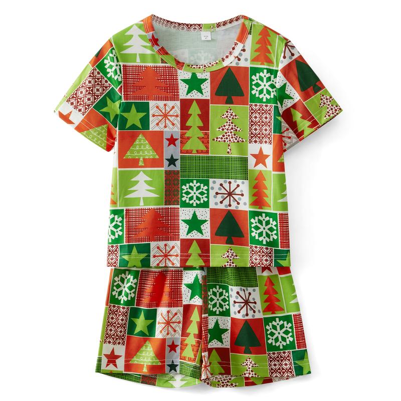 Christmas Family Pajamas Matching Set Christmas Tree Candy Print Tops and Drawstring Shorts Sleepwear