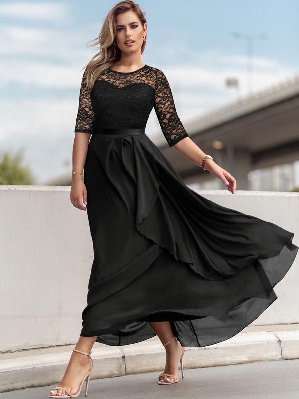 Miusol 53168 Women's Elegant Floral Lace Retro 3 4 Sleeve Contrast Bridesmaid Maxi Dress Fashion Womenswear Formal Clothing