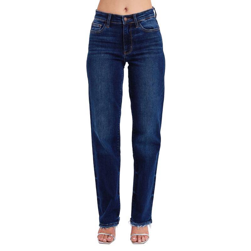 JUDY BLUE MID RISE STRAIGHT LEG JEANS W  FRAY HEM