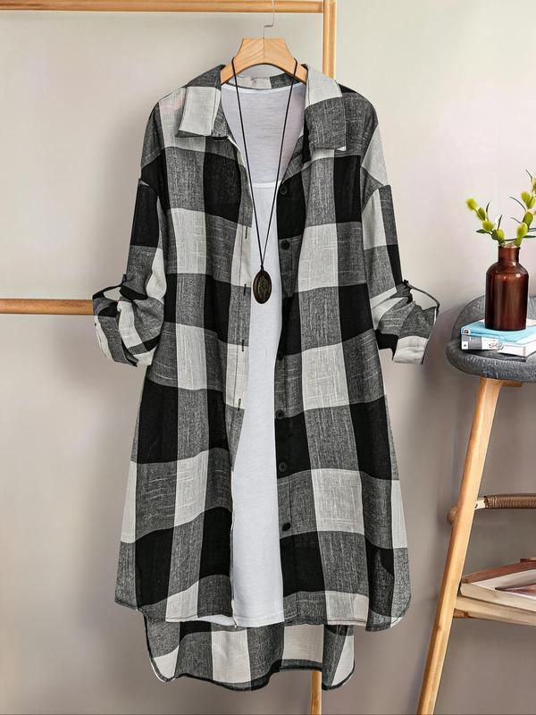  Women's Plaid Print Button Front High Low Hem Shirt, Casual Roll Up Sleeve Collared Top for Daily Wear, Ladies Clothes for All Seasons