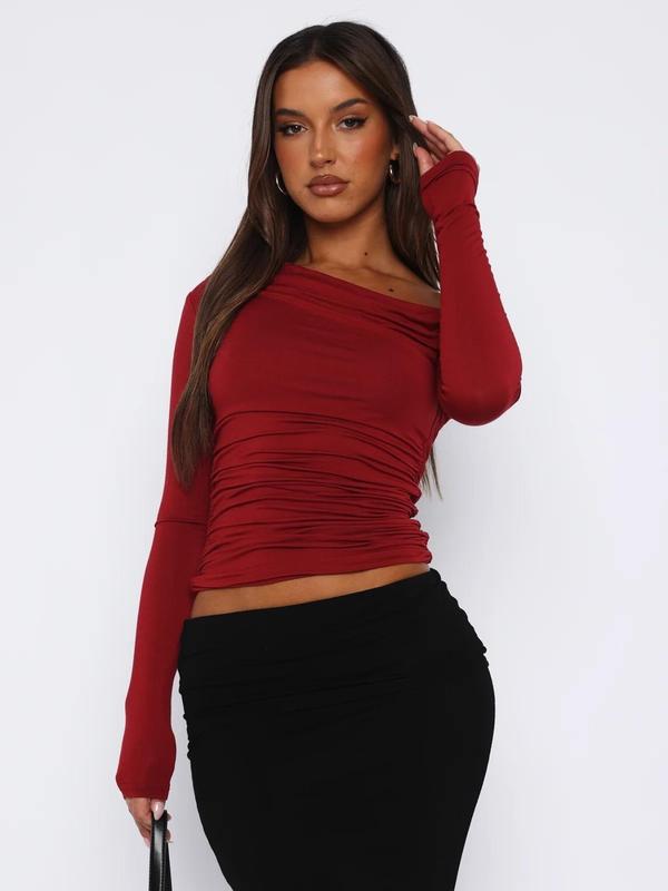 Women's Plain Ruched Asymmetrical Neck Crop Tee, Elegant Top, Fashion Long Sleeve T-shirt for Daily Outdoor Wear, Women Clothing for Fall & Winter