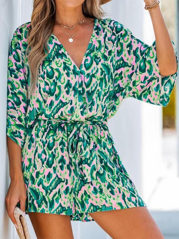 Women's All Over Print Belted V Neck Wide Leg Romper, Lady Boho Comfort Fashion Batwing Sleeve Half Sleeve High Waist Romper for Summer, Bohemian Fashion Women's Clothing for Beach Holiday Vacation, Womenswear Suits