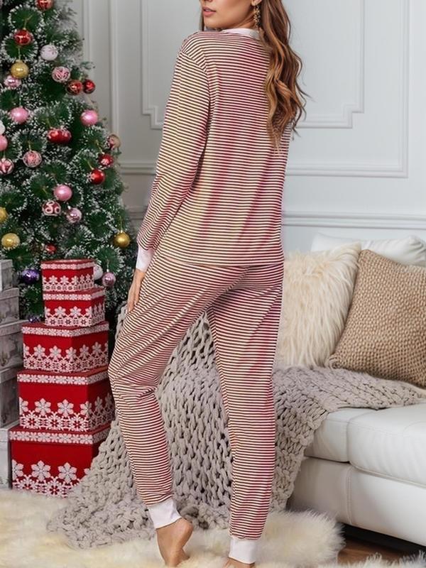 @shopwithjulie Collection Women's Christmas Striped Print V Neck Tee & Drawstring Waist Pants Lounge Sets, Relaxed Pajamas Sets Women, Pj Sets for Women, Casual Comfy Long Sleeve Top & Trousers for Fall & Winter, Lady's Sleepwear