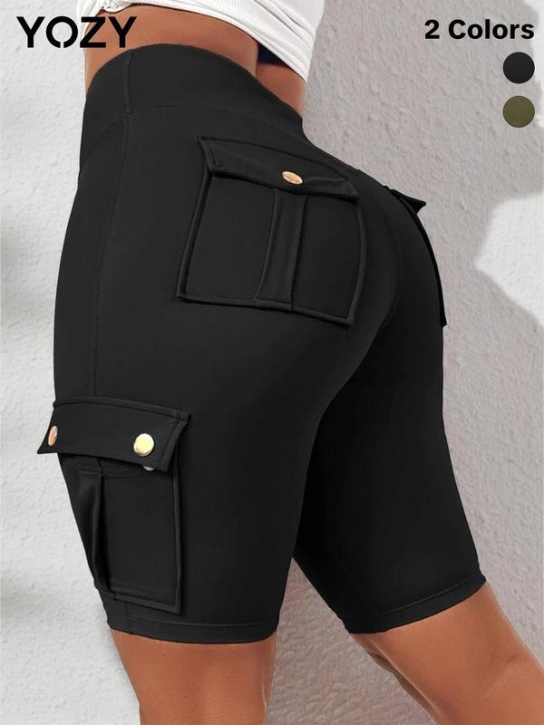 YOZY [2 colors] Plain Pockets High Waist Shorts  Casual Button Design Skinny Shorts, 2024 Women's Summer Outfits for Daily Wear