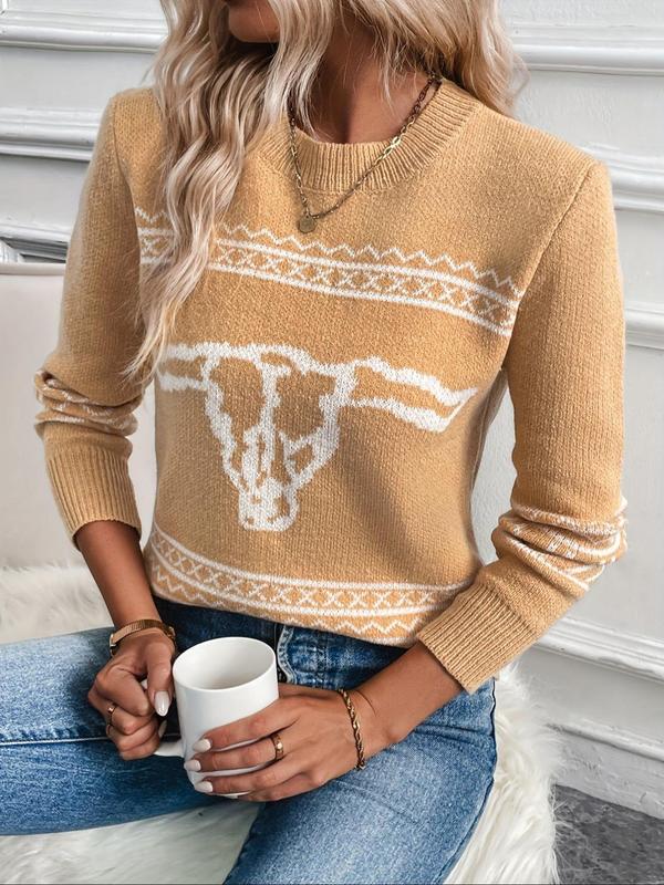 Women's Cow Head Pattern  Round Neck Sweater, Casual Long Sleeve Crew Neck Jumper for Fall & Winter, Fashion Ladies' Knitwear for Daily Wear