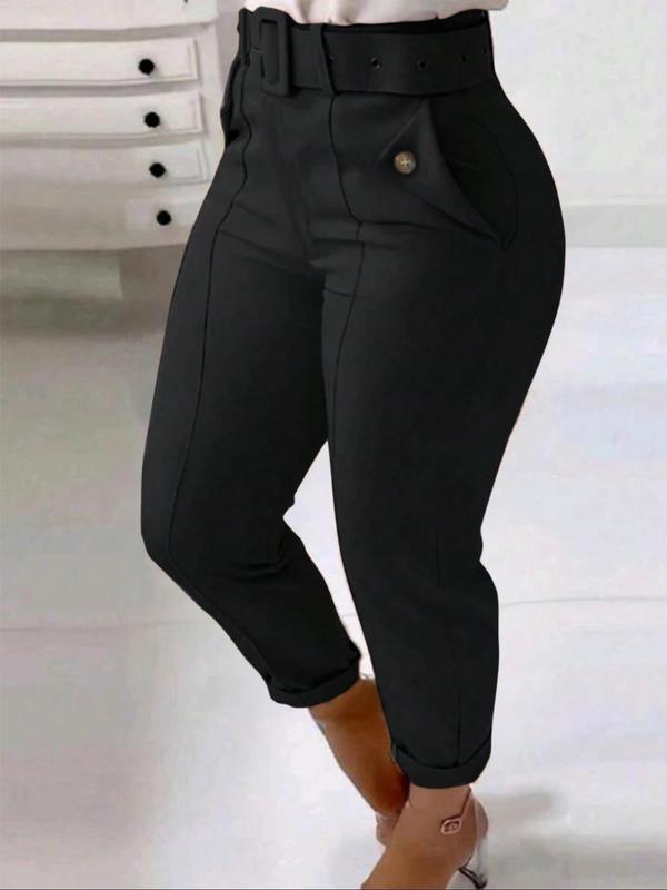 Women's Solid Color Button Pocket Belted Pants, Casual Comfy High Waist Trousers for Daily Wear, Ladies Bottoms for All Seasons, Black Girl Outfits Sweatpants