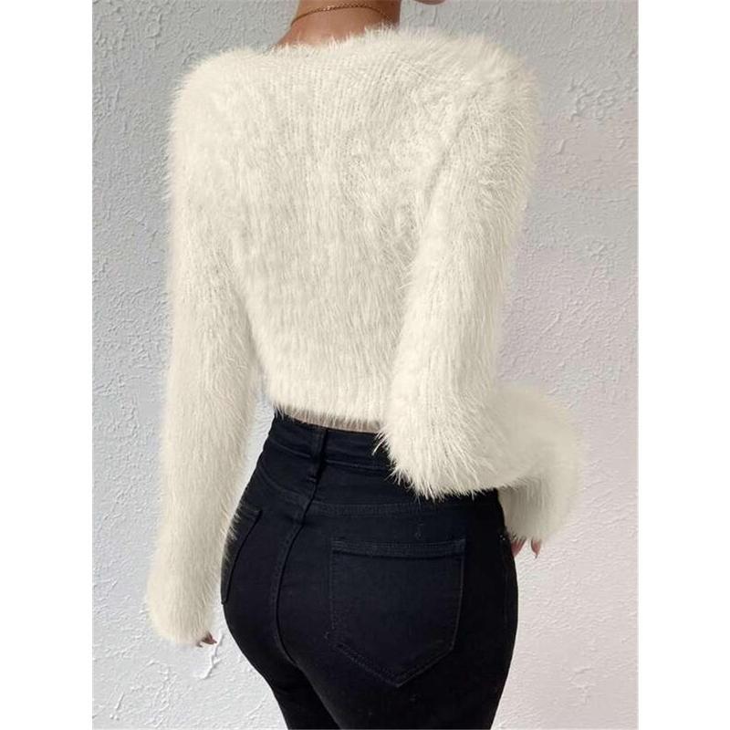 2024 New Arrival Hot Sale Autumn and Winter New Solid Color and V-neck Slim Fit All-Match Plush Short Women's Sweater