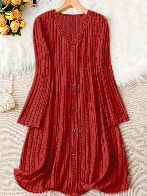  Solid Button Front Ribbed V Neck Dress, Casual Long Sleeve Dress for Fall & Winter, Women's Clothes for Daily Wear