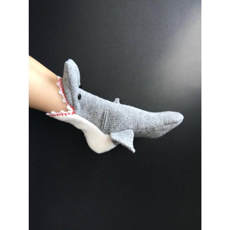 1pair Unisex Christmas Shark Socks Funny Animal Bite Foot Knitted Floor Socks (red Mouth With Grey)