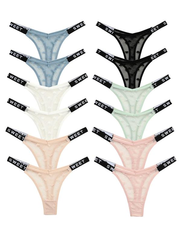 Women's Heart Pattern Letter Tape Waist Sheer Tulle Thong, Breathable Comfortable Thong for Daily Wear, Women's Underwear for All Seasons