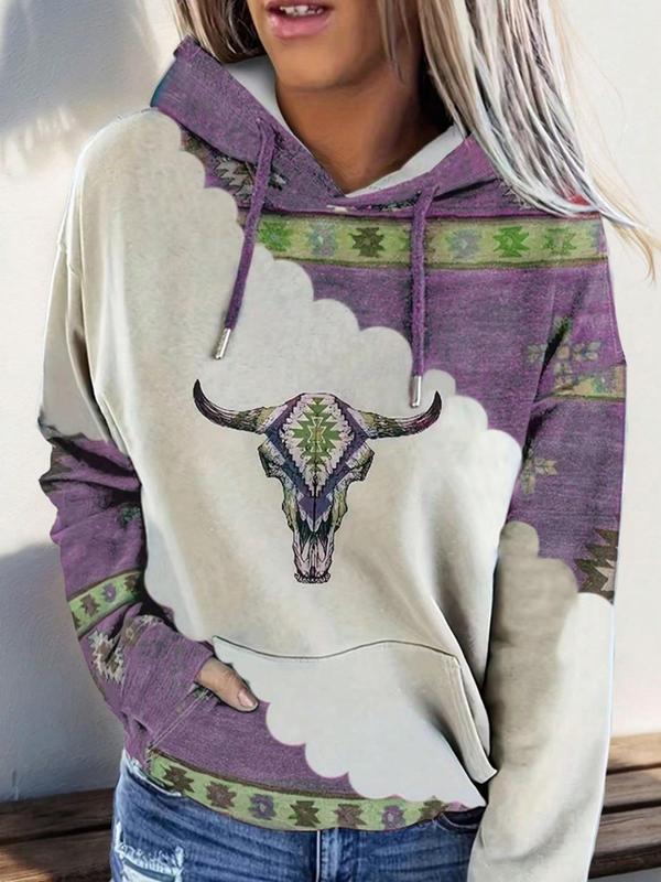 Women's Tribal Bull Head Print Drop Shoulder Hoodie, Boho Casual Drawstring Pocket Hooded Sweatshirt for Daily Holiday Outdoor Wear, Fall Outfits, Graphic Hoodie, Fashion Women's Clothes for Spring & Fall, Downtown Girl Clothes