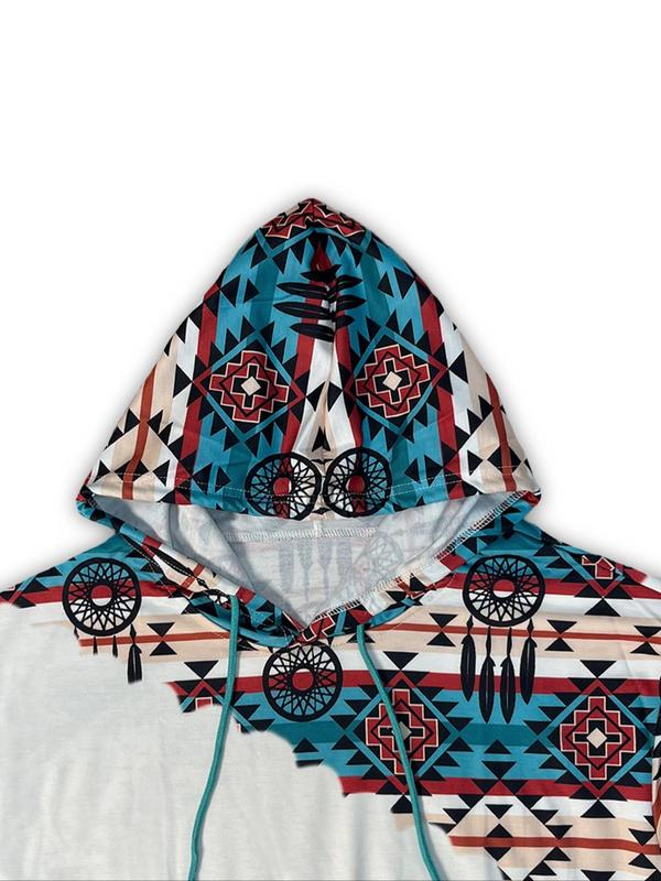 Women's Ethnic Pattern Drawstring Hoodie, Casual Geometric Print Hooded Sweatshirt for Daily Wear, Ladies Clothes for All Seasons