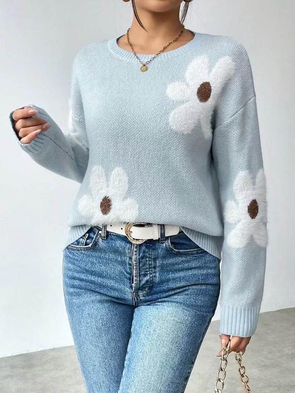 Women's Floral Print Drop Shoulder Long Sleeve Sweater, Casual Fashion Round Neck 90s Vintage Jumper for Spring & Fall, Birthday Outfits 2024, Women's Knitwear Y2k Clothing for Daily Wear