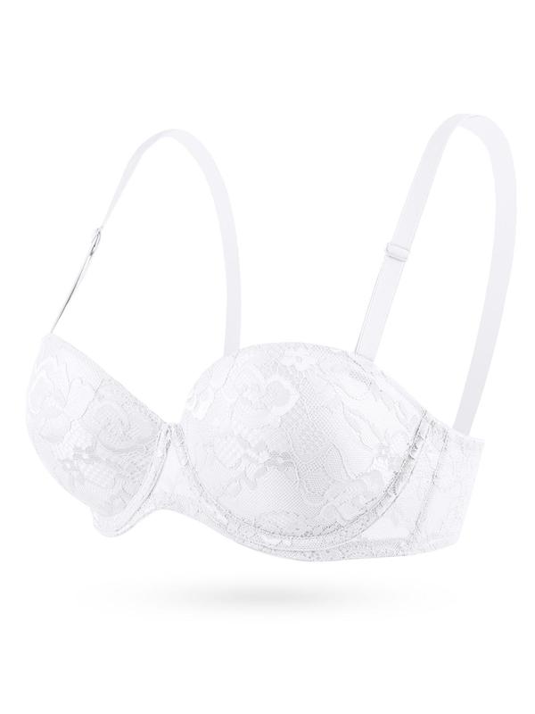 Women's Floral Lace Push Up Bandeau Bra with 2 Counts Plain Straps & 2 Counts Clear Straps, Comfortable Breathable Underwire Bra, Women's Lingerie Top for Daily Party Wear